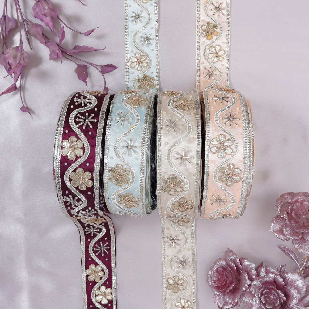 Image of Traditional Silver Gota Patti Flower &amp; Glass Bead Lace Trim Border for Indian Bridal Wear &amp; Craft Projects