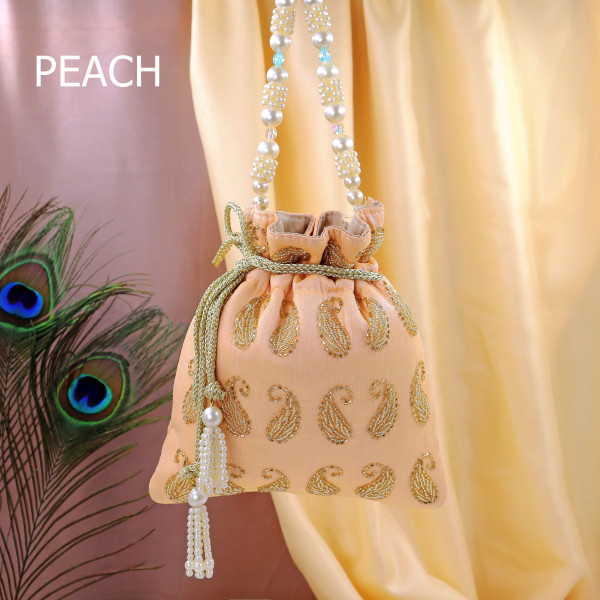 pack of 10pc Premium Glass Beads Hand-Embroidered Potli Bag with Pearl Handle