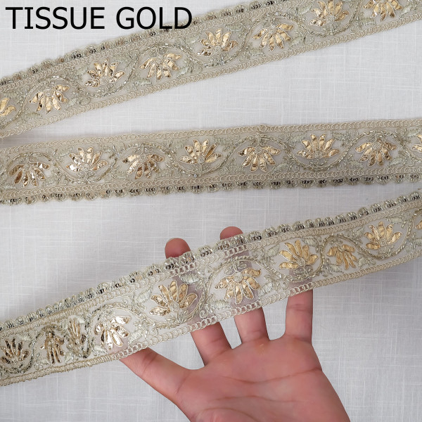 Luxury Tissue Gold Gota Embroidery Lace with Intricate Katdana Beadwork