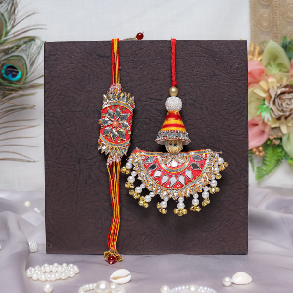 Traditional Mirror Gota Patti Bhai Bhabhi Rakhi Set with Beads Tassels