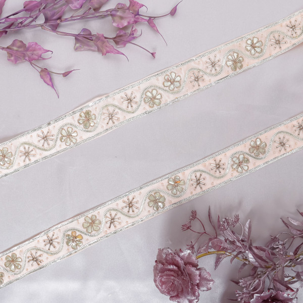 Traditional Silver Gota Patti Flower & Glass Bead Lace Trim Border for Indian Bridal Wear & Craft Projects