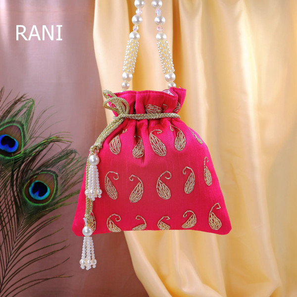 pack of 10pc Premium Glass Beads Hand-Embroidered Potli Bag with Pearl Handle