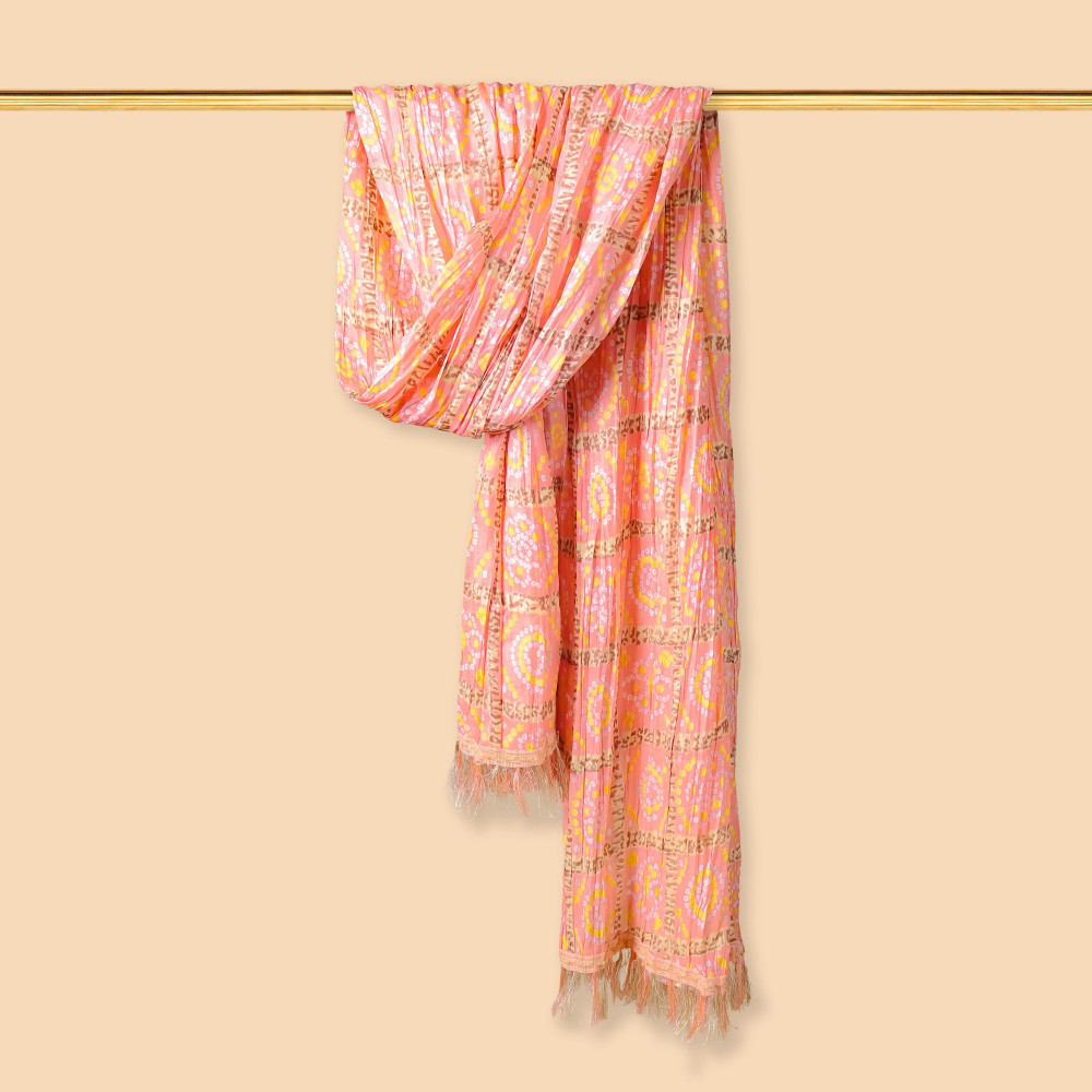 Image of Bandhani Print Peach Chinnon Dupatta