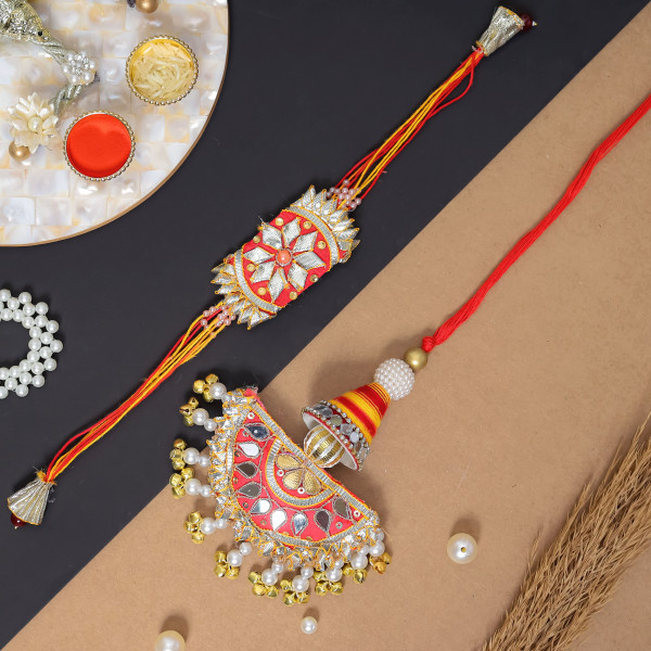 Traditional Mirror Gota Patti Bhai Bhabhi Rakhi Set with Beads Tassels