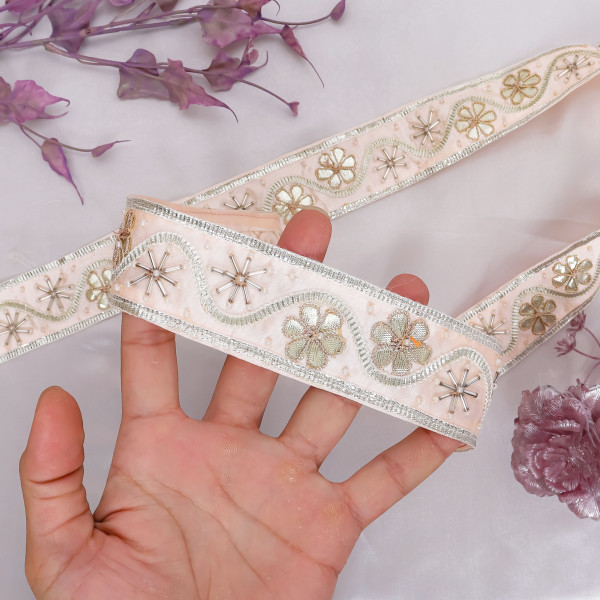 Traditional Silver Gota Patti Flower & Glass Bead Lace Trim Border for Indian Bridal Wear & Craft Projects
