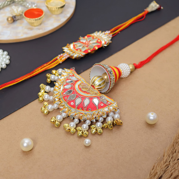 Traditional Mirror Gota Patti Bhai Bhabhi Rakhi Set with Beads Tassels