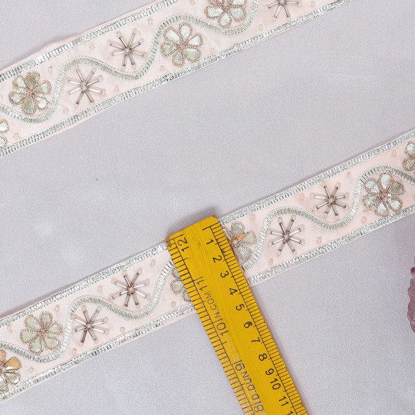 Traditional Silver Gota Patti Flower & Glass Bead Lace Trim Border for Indian Bridal Wear & Craft Projects