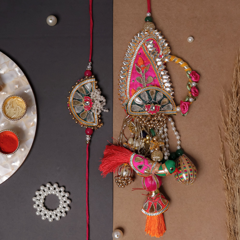 Image of Royal Keri Motif Gota Patti Bhaiya Bhabhi Rakhi Set (Pair)
