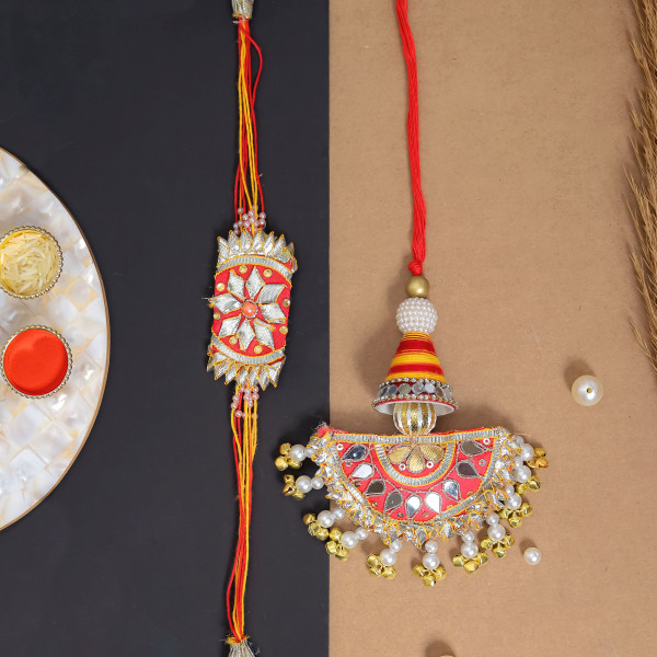 Traditional Mirror Gota Patti Bhai Bhabhi Rakhi Set with Beads Tassels