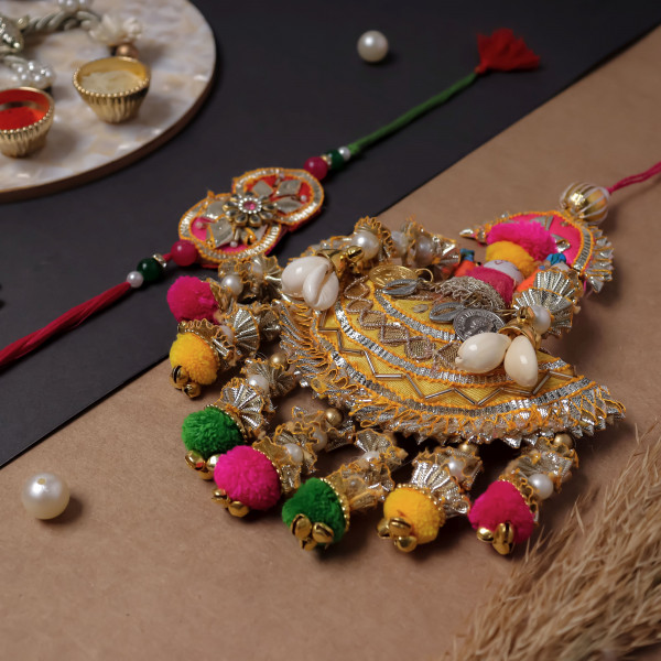 Handcrafted Bhai Bhabhi Puppet Rakhi Pair – Vibrant Multi-Color Gota Work