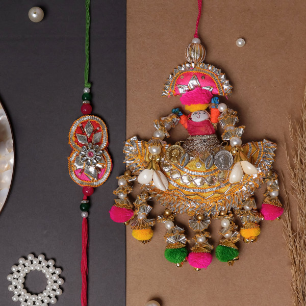 Handcrafted Bhai Bhabhi Puppet Rakhi Pair – Vibrant Multi-Color Gota Work