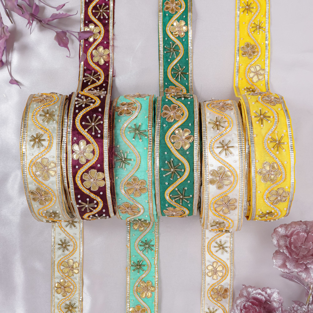 Image of Traditional Gold Gota Patti Flower &amp; Glass Bead Lace Trim Border for Indian Bridal Wear &amp; Craft Projects
