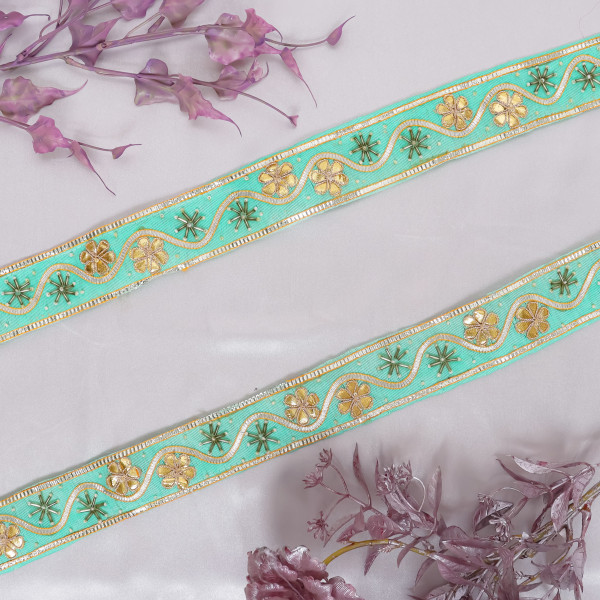 Traditional Gold Gota Patti Flower & Glass Bead Lace Trim Border for Indian Bridal Wear & Craft Projects