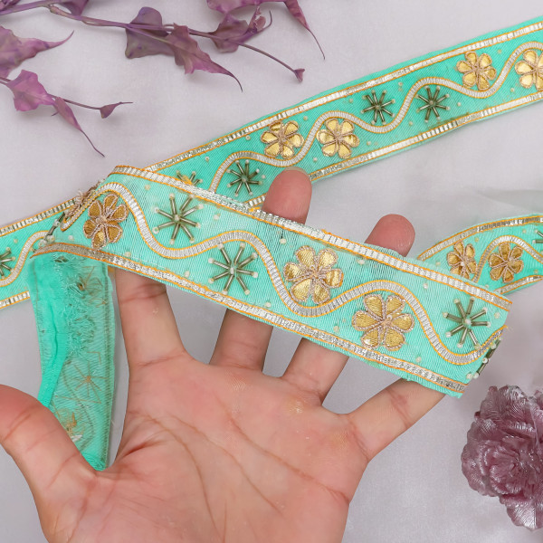 Traditional Gold Gota Patti Flower & Glass Bead Lace Trim Border for Indian Bridal Wear & Craft Projects