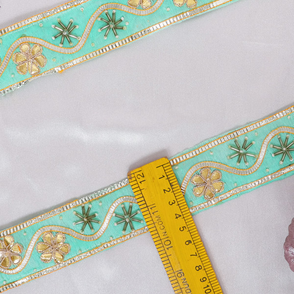 Traditional Gold Gota Patti Flower & Glass Bead Lace Trim Border for Indian Bridal Wear & Craft Projects