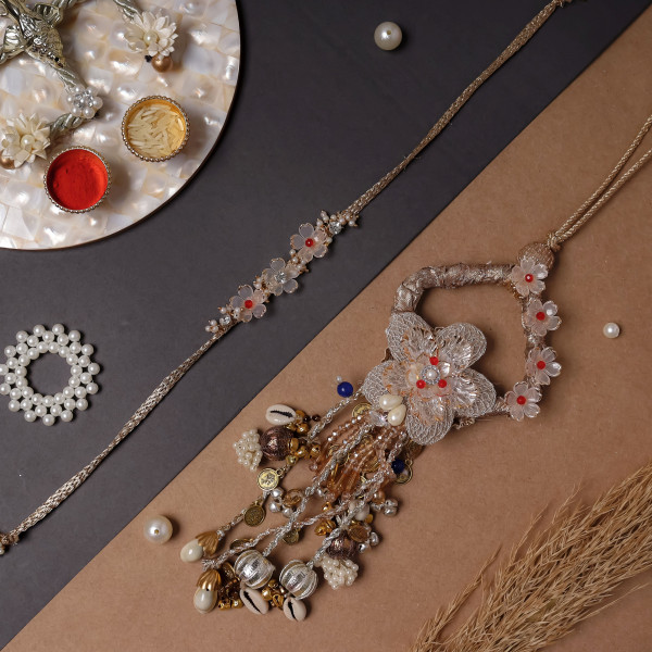 Elegant Golden Bhai Bhabhi Rakhi Set – Premium Pair Rakhi for Brother & Sister-in-Law