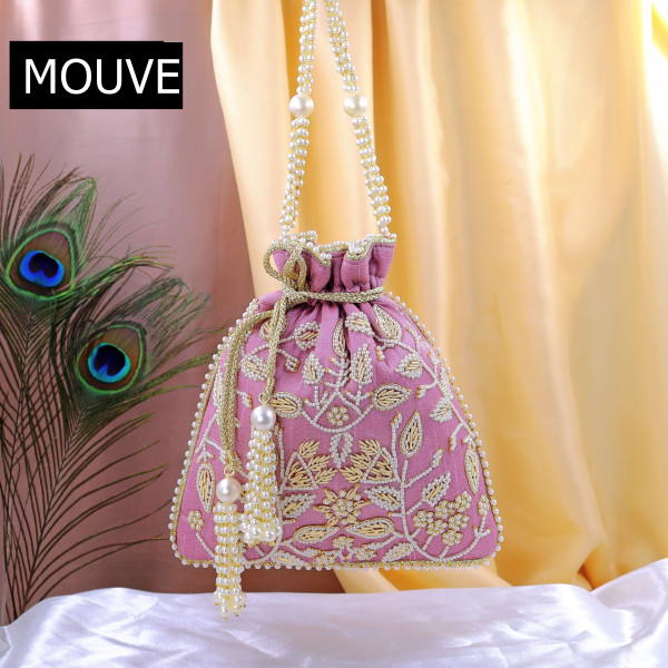 Elegant Pearl Beads Embroidered Potli Bag | Luxury Bridal & Festive Wristlet Purse