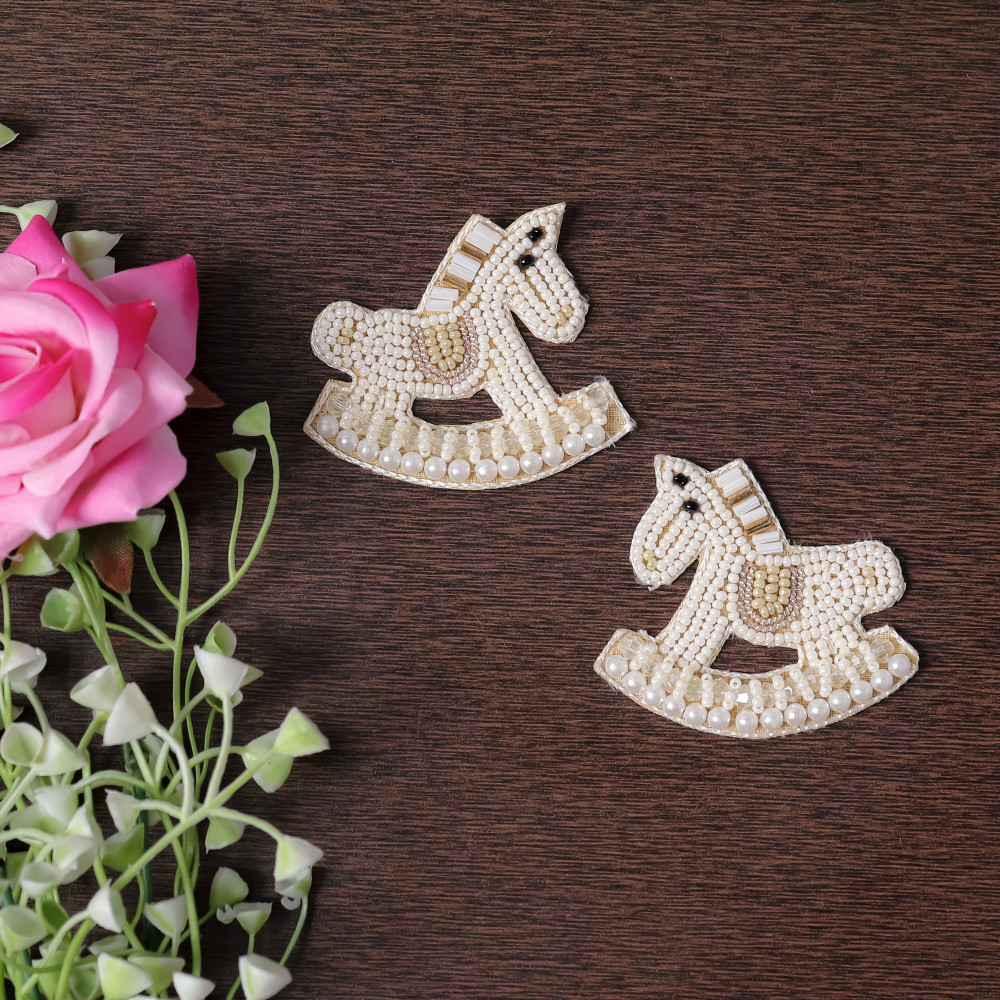 Image of Pair Of Beaded Rocking Horse Patch – White Unicorn Style DIY Applique