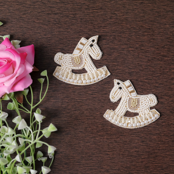 Pair Of Beaded Rocking Horse Patch – White Unicorn Style DIY Applique