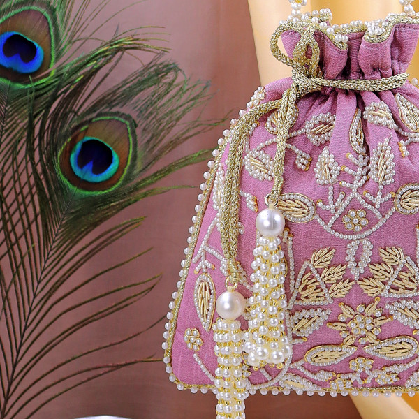 Elegant Pearl Beads Embroidered Potli Bag | Luxury Bridal & Festive Wristlet Purse