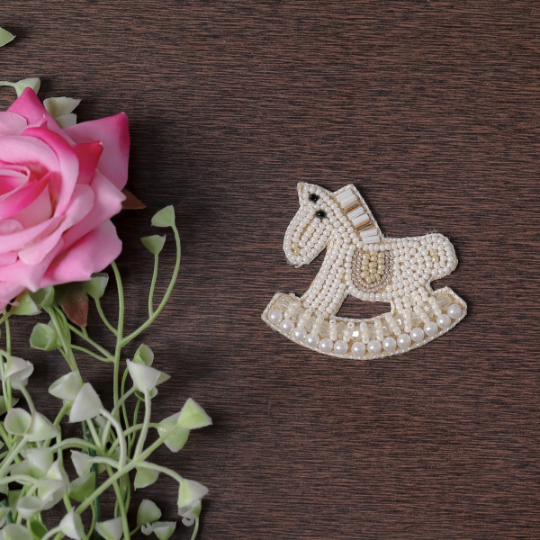 Pair Of Beaded Rocking Horse Patch – White Unicorn Style DIY Applique