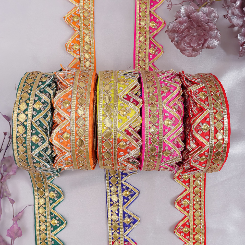 Image of Traditional Gota Patti Danka Work Lace Border | Elegant Cutwork Trim