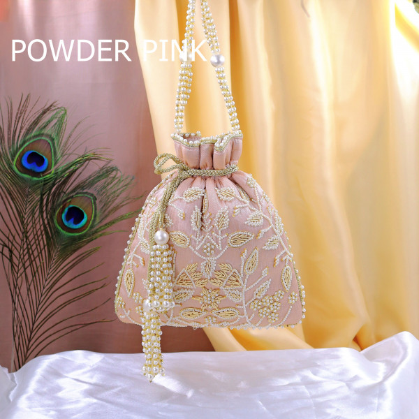 Elegant Pearl Beads Embroidered Potli Bag | Luxury Bridal & Festive Wristlet Purse