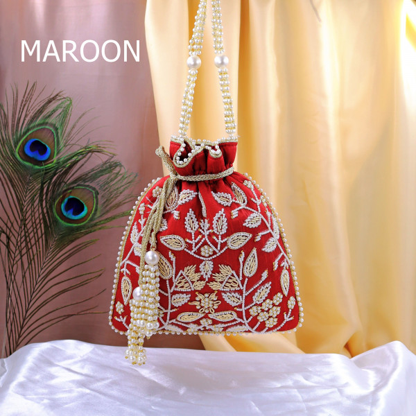 Elegant Pearl Beads Embroidered Potli Bag | Luxury Bridal & Festive Wristlet Purse