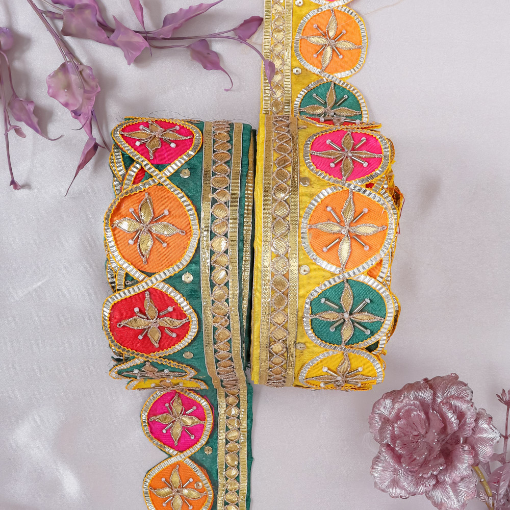 Image of Multi-Color Gota Patti Flower &amp; Glass Bead Lace Border