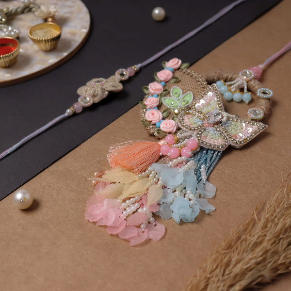 legant Pink & Firozi Butterfly Bhaiya Bhabhi Rakhi Pair | Handcrafted Festive Rakhi Set