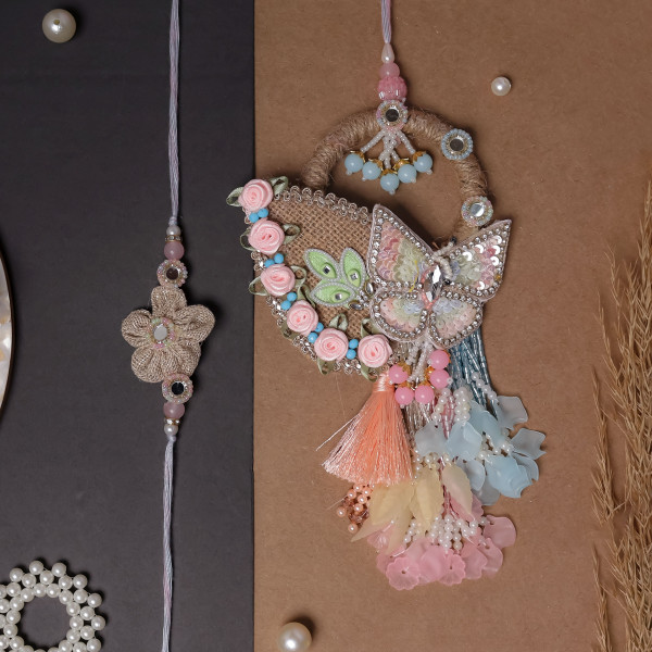 legant Pink & Firozi Butterfly Bhaiya Bhabhi Rakhi Pair | Handcrafted Festive Rakhi Set