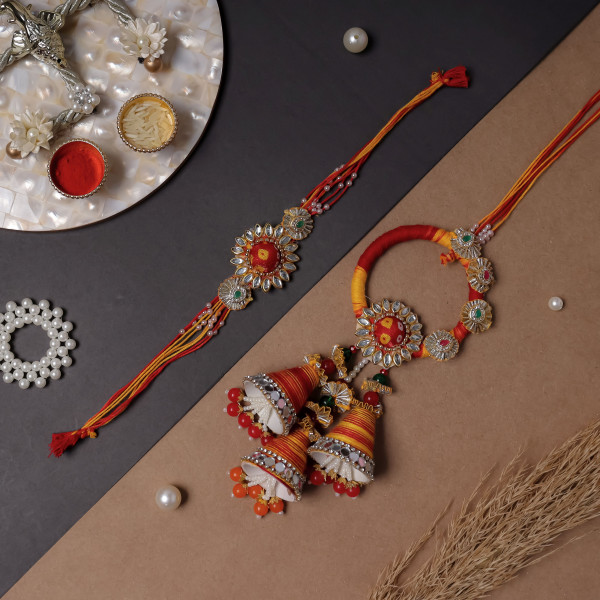 Auspicious Red & Yellow Bhaiya Bhabhi Lumba Rakhi Set | Handcrafted Pair Rakhi