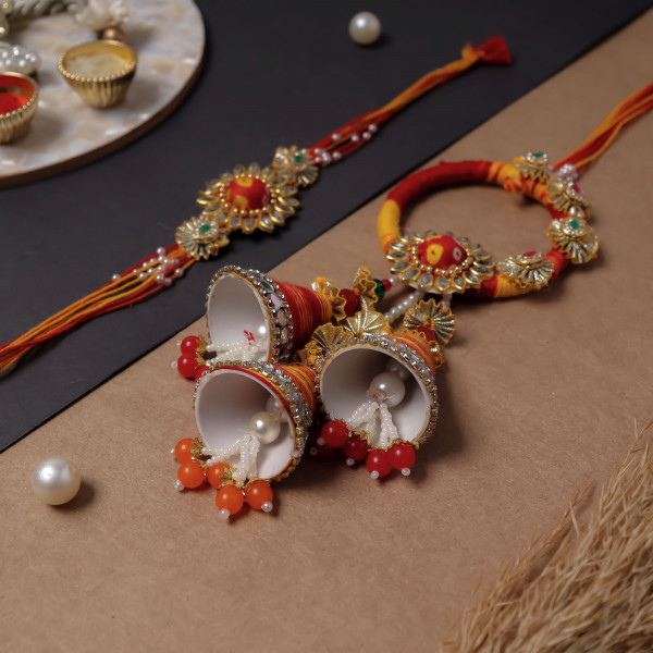 Auspicious Red & Yellow Bhaiya Bhabhi Lumba Rakhi Set | Handcrafted Pair Rakhi
