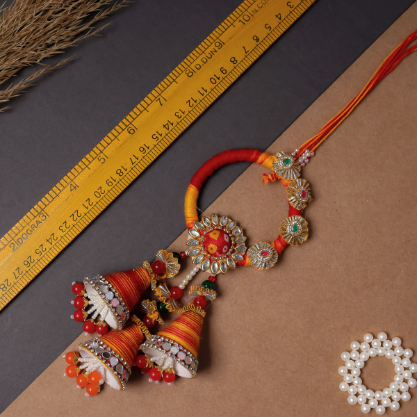 Auspicious Red & Yellow Bhaiya Bhabhi Lumba Rakhi Set | Handcrafted Pair Rakhi
