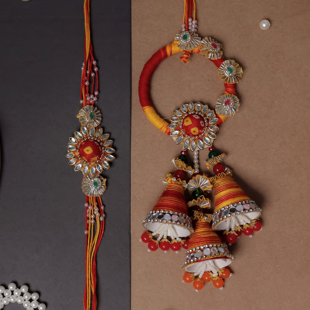Image of Auspicious Red &amp; Yellow Bhaiya Bhabhi Lumba Rakhi Set | Handcrafted Pair Rakhi