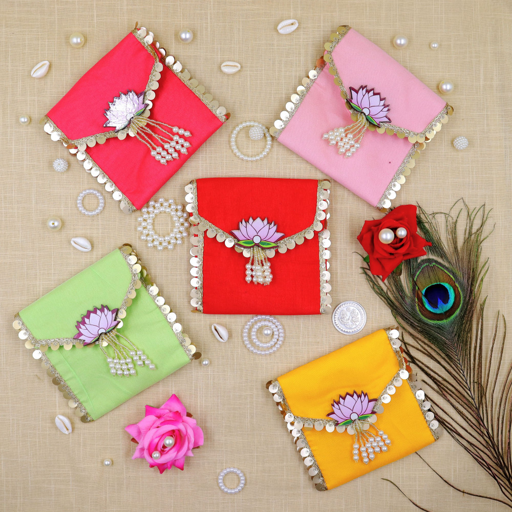 Image of pack of 5pcs Vibrant Lotus Beadwork Coin Purse / Shagun Pouch
