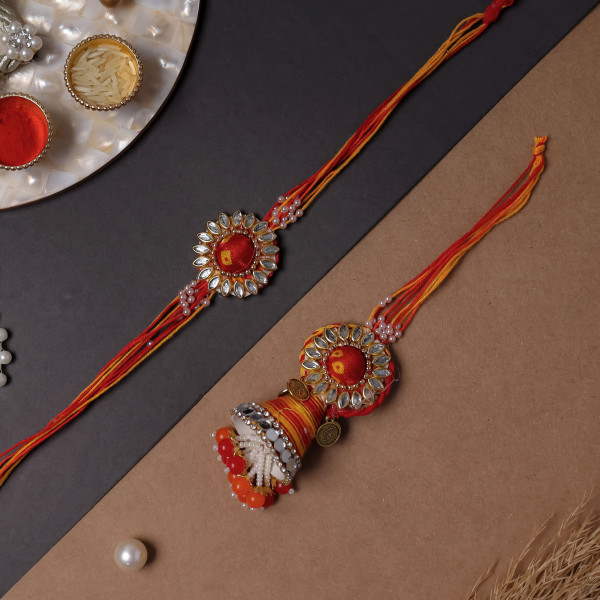 Premium Handmade Bhai Bhabhi Rakhi Combo - Vibrant Red and Yellow Festive Thread Set