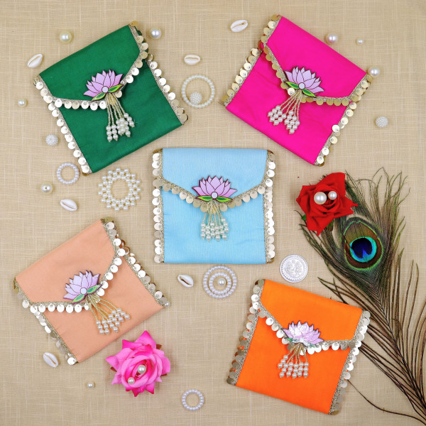 pack of 5pcs Vibrant Lotus Beadwork Coin Purse / Shagun Pouch