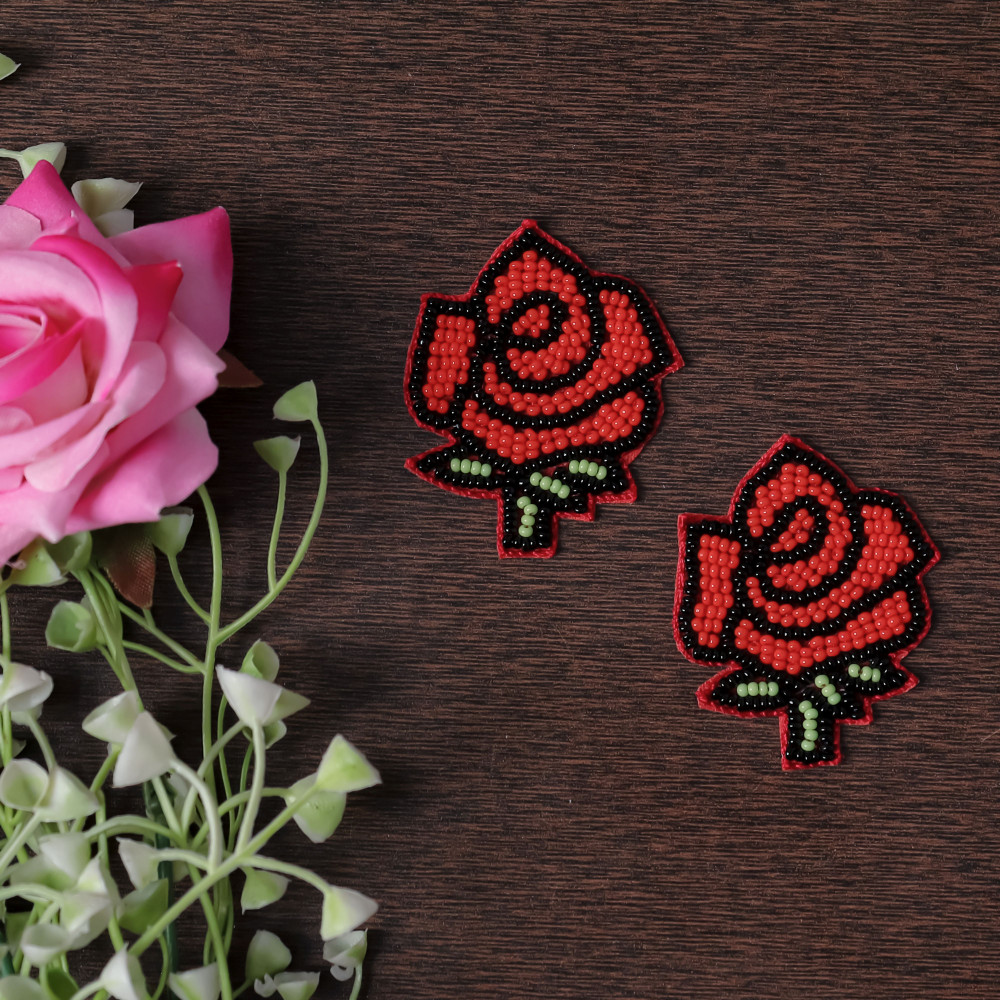 Image of Pair Of Beaded Rose Flower Patch Applique – Red Floral Sew-On DIY Motif