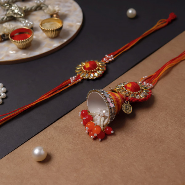 Premium Handmade Bhai Bhabhi Rakhi Combo - Vibrant Red and Yellow Festive Thread Set