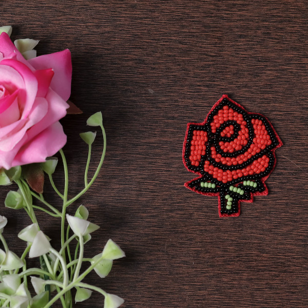 Pair Of Beaded Rose Flower Patch Applique – Red Floral Sew-On DIY Motif