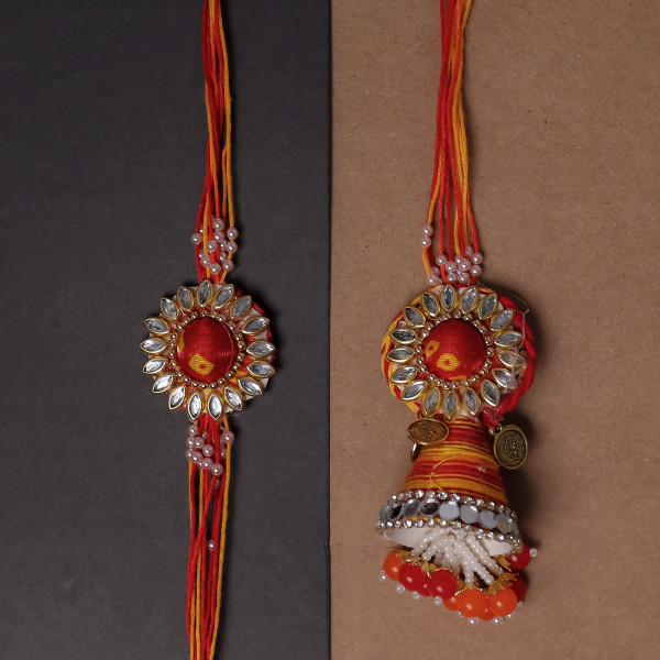 Premium Handmade Bhai Bhabhi Rakhi Combo - Vibrant Red and Yellow Festive Thread Set