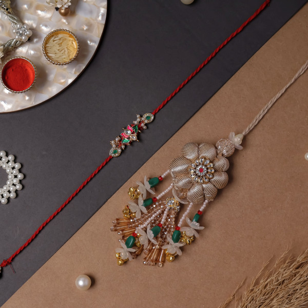 Handcrafted Multi-Beaded Bhai Bhabhi Rakhi Set with Matching Lumba