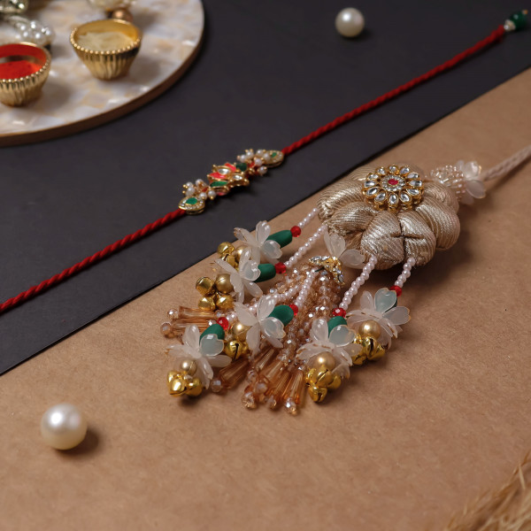 Handcrafted Multi-Beaded Bhai Bhabhi Rakhi Set with Matching Lumba