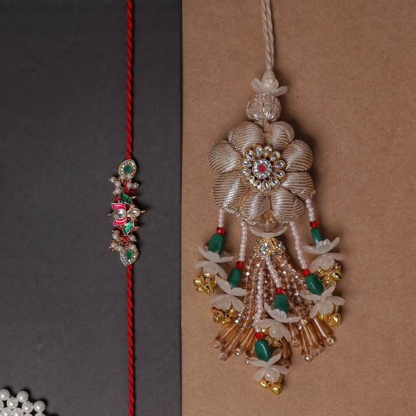Handcrafted Multi-Beaded Bhai Bhabhi Rakhi Set with Matching Lumba