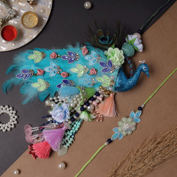 Exclusive Handcrafted Peacock Bhai Bhabhi Rakhi Set | Premium Lumba Rakhi Combo