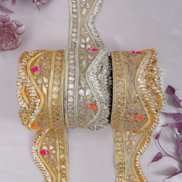 Premium Gota Patti Cut-Work Embroidered Lace Border for Sarees, Dupattas, and DIY Crafts