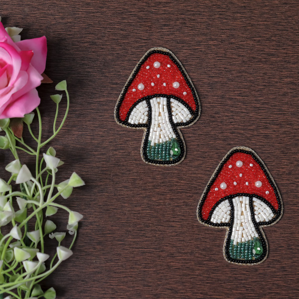 Pair Of Handcrafted Mushroom Beaded Applique