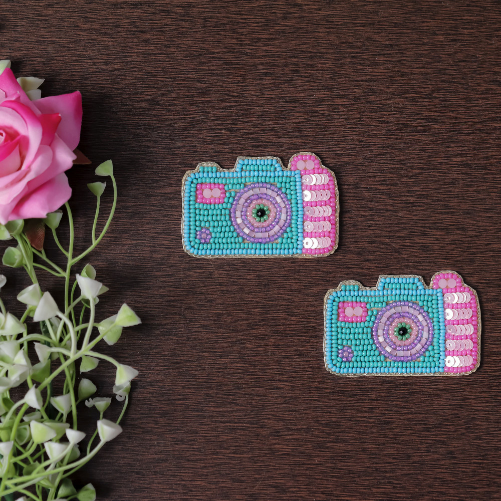 Image of Pair OF Handcrafted Beaded Camera Applique Patch