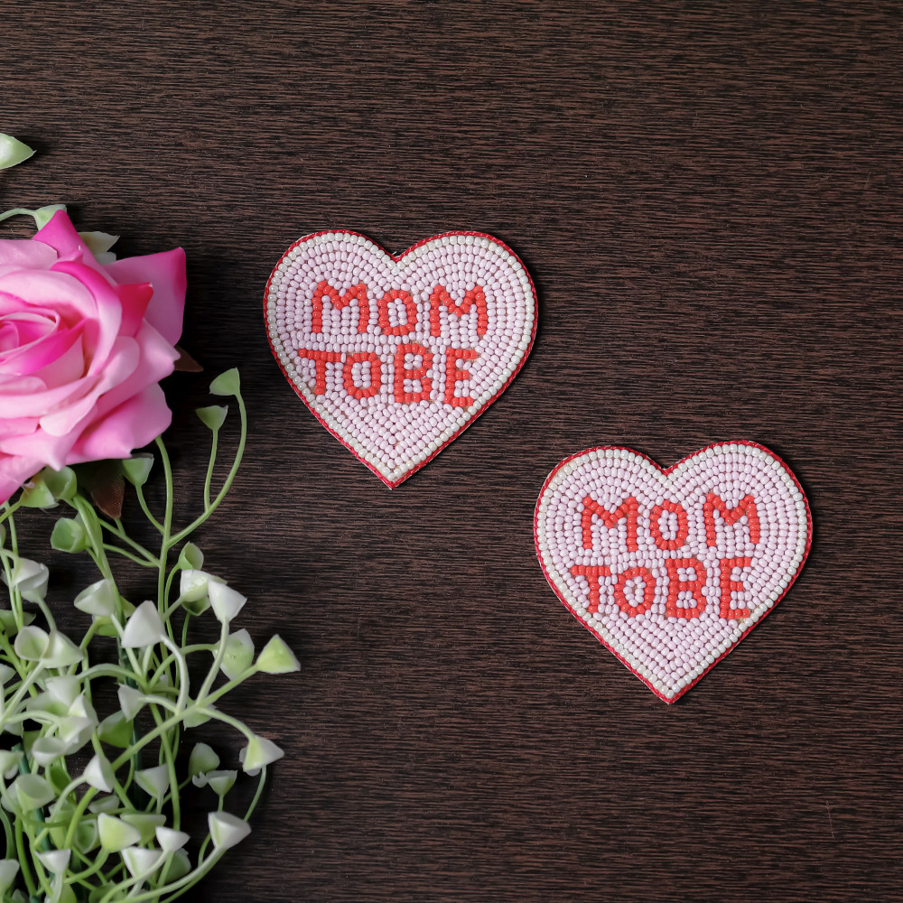 Image of Pair of Handmade Beaded Heart "Mom to Be" Applique Patch